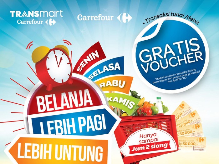 Gratis Voucher Rp 50.000 dengan Belanja Pagi di Transmart Carrefour