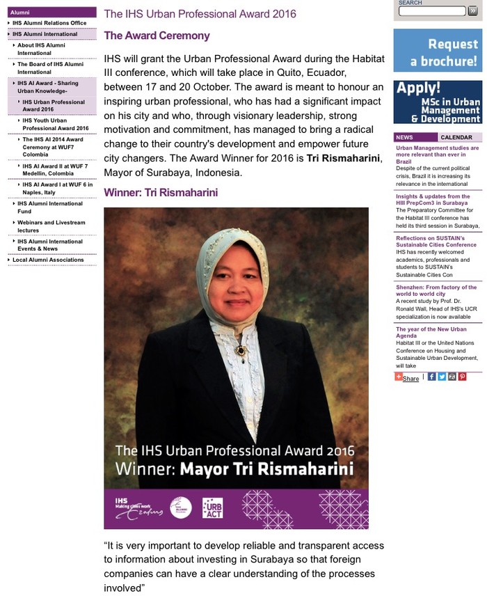 Risma Dapat Penghargaan dari IHS Erasmus University Rotterdam