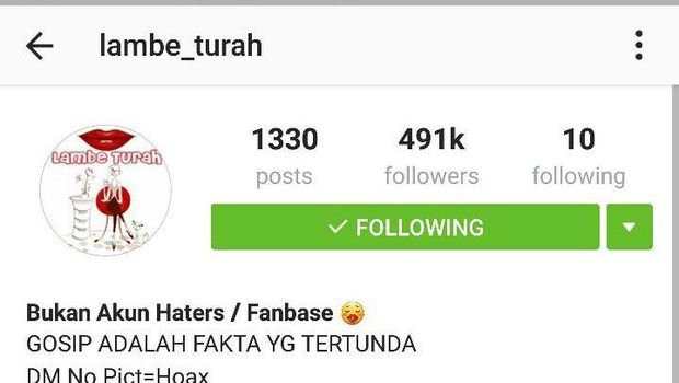 Akun lambe_turah sebelum menghapus postingan