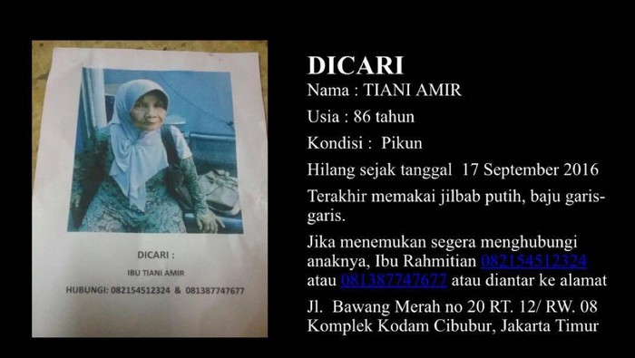 Tolong! Nenek Tiani yang Pikun Ini Hilang dan Dicari Keluarga