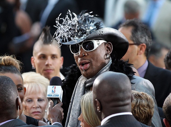 SPRINGFIELD, MA - AUGUST 12:  Inductee Dennis Rodman arrives to the Basketball Hall of Fame Enshrinement Ceremony on August 12, 2011 at Symphony Hall in Springfield, Massachusetts. (Photo by Jim Rogash/Getty Images)