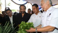 Menteri Pertanian Andi Amran Sulaiman (kedua kanan), Menteri Perdagangan Enggartiasto Lukita  (kanan) bersama Ketua Umum NasDem Surya Paloh (kedua kiri) melihat sayur-mayur yang dihasilkan para petani.