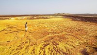 Area gurun di Danakil Depression berupa tanah dan bebatuan yang berwarna-warni. Warna yang dihasilkan oleh gurun ini berasal dari belerang, sulfur, mineral dan garam dalam batuannya. (Dave Stamboulis/BBC)