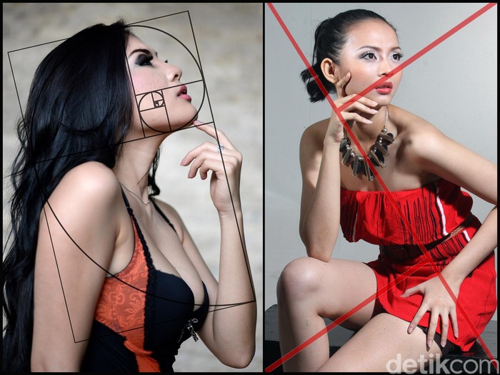 Perbedaan komposisi golden spiral (kiri) dan golden triangle (kanan) pada sebuah model. Foto: Ari Saputra/detikINET Perbedaan komposisi golden spiral (kiri) dan golden triangle (kanan) pada sebuah model. Foto: Ari Saputra/detikINET