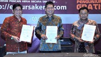 Pada kesempatan yang sama juga dilakukan penandatangan MoU tentang Bursa Kerja Khusus antara Kemenaker, Kemendikbud dan Kemenristekdikti.