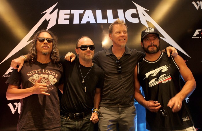 DELHI, INDIA - OCTOBER 28:  Kirk Hammett (L), Lars Ulrich (CL), James Hetfield (CR) and Robert Trujillo (R) from Metallica at the F1 Rocks India Metallica concert press conference on October 28, 2011 in Delhi, India.  (Photo by Andrew Caballero-Reynolds/Getty Images for F1 Rocks in India with Vladivar)