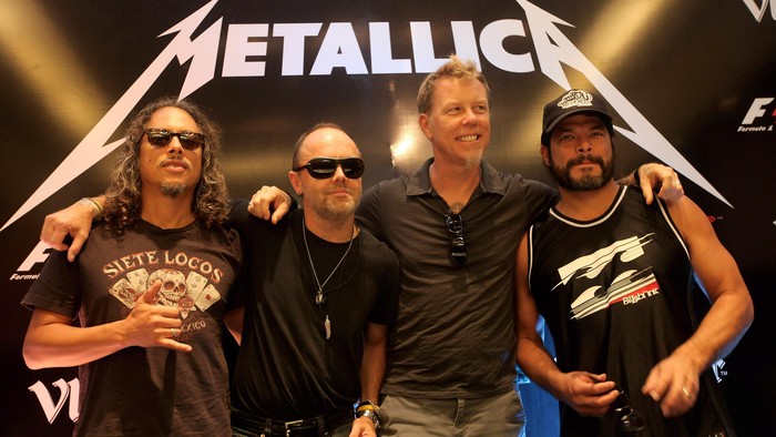 DELHI, INDIA - OCTOBER 28:  Kirk Hammett (L), Lars Ulrich (CL), James Hetfield (CR) and Robert Trujillo (R) from Metallica at the F1 Rocks India Metallica concert press conference on October 28, 2011 in Delhi, India.  (Photo by Andrew Caballero-Reynolds/Getty Images for F1 Rocks in India with Vladivar)