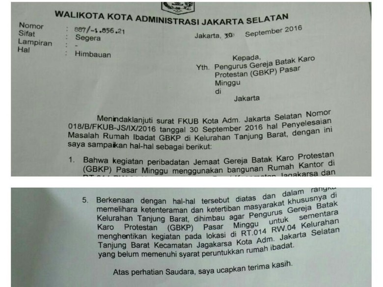 Ini Surat Wali Kota Jaksel Larang Peribadatan GBKP Pasar Minggu Ini Surat Wali Kota Jaksel Larang Peribadatan GBKP Pasar Minggu