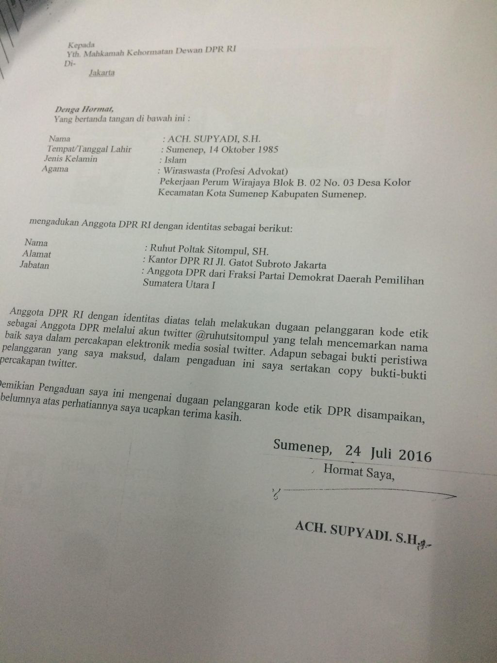 Aduan Supyadi terhadap Ruhut (Tiara/detikcom)