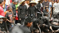 Acara diawali dengan syukuran dan makan bersama, selanjutnya ada pawai. Manusia berkostum kerbau lantas membajak sawah dan bergumul di lumpur dalam kondisi seperti kerasukan roh gaib (Ardian Fanani/detikTravel)