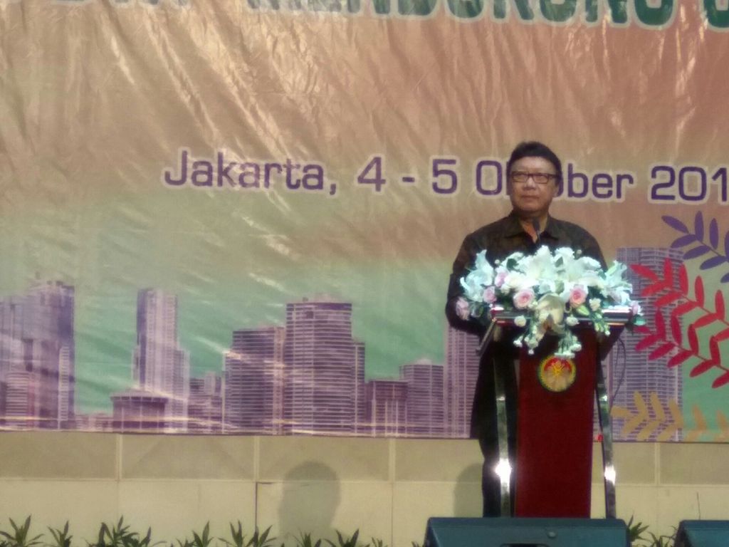 Mendagri Tjahjo Kumolo berpidato di acara tersebut (Andhika/detikcom)
