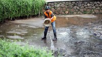Sampah menumpuk akibat terbawa air akibat hujan deras.