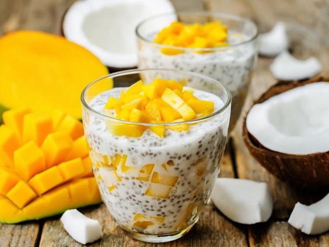 coconut mango Chia seed pudding. the toning. selective focus