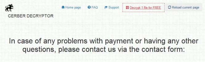Gambar 2: Cerber memberikan layanan dekripsi gratis 1 file dan layanan support.