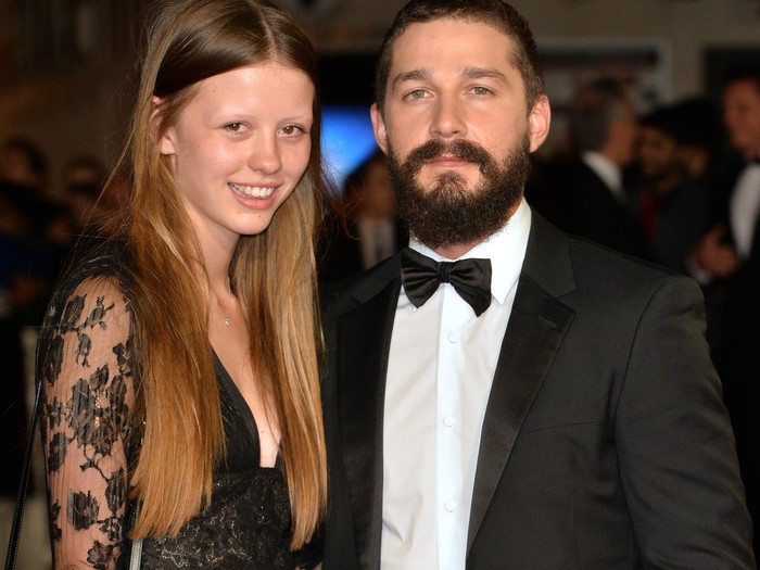 LONDON, ENGLAND - OCTOBER 19:  Mia Goth and Shia LeBeouf attend the closing night European Premiere gala red carpet arrivals for Fury during the 58th BFI London Film Festival at Odeon Leicester Square on October 19, 2014 in London, England.  (Photo by Anthony Harvey/Getty Images for BFI)