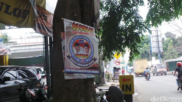 Foto: Poster kandidat dipaku di pohon Kota Serang (Bahtiar/detikcom)