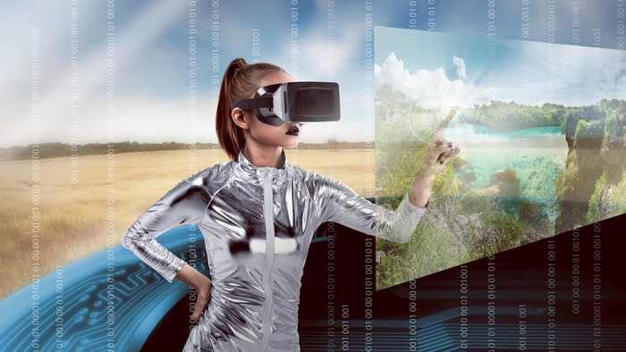 Pretty asian woman wearing silver latex jumpsuit and VR headset inside virtual world. Virtual reality concept
