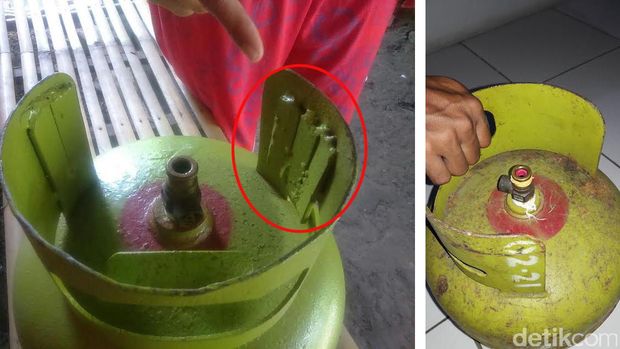 Elpiji dengan besi pemberat (Kiri) dan elpiji tanpa pemberat (kanan)/Foto Budi Hartadi