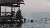 Foto: Anak-anak kecil asyik berenang bersama kawan-kawannya. Menikmati masa kecil yang menyenangkan dan tanpa beban. Loncat dari atas dermaga dan berhamburan terjun ke laut (Wahyu/detikTravel)
