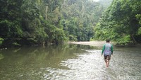 Pemandu kami menuntun jalan menyeberangi sungai dangkal. Destinasi yang juga bernama Kalibiru ini memang belum lama ditemukan (Wahyu/detikTravel)