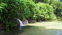 Air terjun yang mengalir langsung ke laut ini tersembunyi di kawasan Teluk Mayalibit. Butuh waktu 1 jam naik speedboat dari Waisai untuk mencapai destinasi ini (Wahyu/detikTravel)