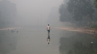 Seorang pria terlihat berjalan di tengah kolam di New Delhi. REUTERS/Cathal McNaughton.