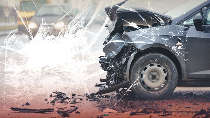 ilustrasi kecelakaan mobil dan truk, tabrakan