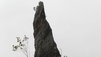 Foto: Namun jika dilihat dari dekat, kita jadi tahu alasan kenapa pulau kapur ini disebut Batu Pensil. Wujudnya seperti ujung pensil yang sudah diraut (Wahyu/detikTravel)