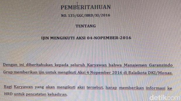 Garansindo Izinkan Karyawannya Ikut Demo 4 November