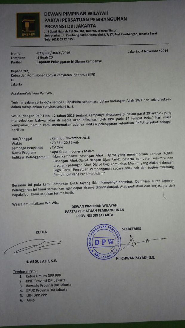 PPP Romi Sempurnakan Laporan terhadap Kubu Djan yang Iklankan Ahok di TV