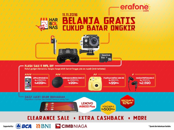 Belanja Gratis Selama Harbolnas, Cukup Bayar Ongkir! Klik Erafone.com