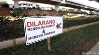 Papan peringatan larangan menginjak rumput dan tanaman terpampang di sekitar taman.