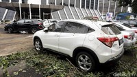 Rating dan dedaunan belum dibersihkan dari sekitar mobil yang tertimpa pohon.