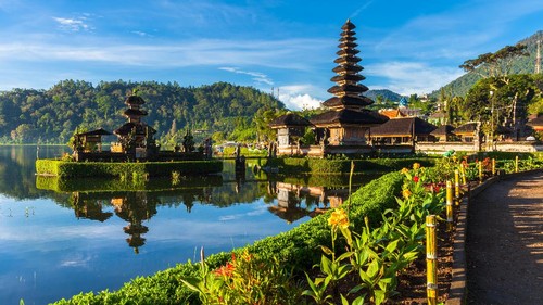 Pura Ulun Danu Bratan at sunrise, famous temple on the lake, Bedugul, Bali, Indonesia.