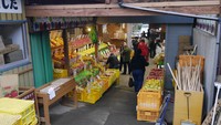 Sejumlah toko buah berjejer di dekat pintu masuk kebun. Tak hanya apel, toko-toko itu juga menyediakan buah lainnya seperti pir dan ada pula sayuran segar (Kurnia/detikTravel)