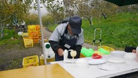 Ada sejumlah petugas dengan kios pemotongan buah di kebun. Setelah memetik, bawalah apel kemari, sang petugas akan mengupas dan memotongnya (Kurnia/detikTravel)