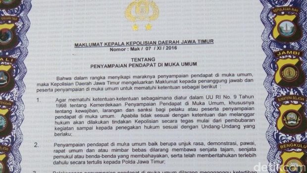 Maklumat Kapolda Jatim terkait demo 2 Desember