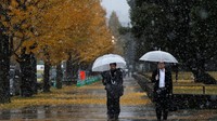 Salju biasanya turun di kota Tokyo pada bulan Januari atau Februari setiap tahunnya. Disebutkan JMA, seperti dilansir Japan Times, bahwa salju yang turun di bulan November ini tercatat turun 40 hari lebih awal dari perkiraan. REUTERS/Toru Hanai.