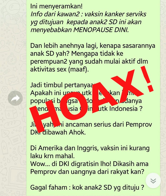 Jangan Percaya, Broadcast Vaksinasi HPV Bikin Menopause Dini Itu Hoax!