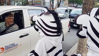 Seorang pengendara mobil nampak berinteraksi dengan zebra cross.