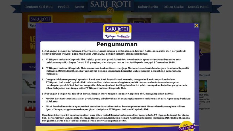 Sari Roti Bantah Terlibat Bagi-bagi Roti Gratis Saat Aksi 2 Desember Sari Roti Bantah Terlibat Bagi-bagi Roti Gratis Saat Aksi 2 Desember
