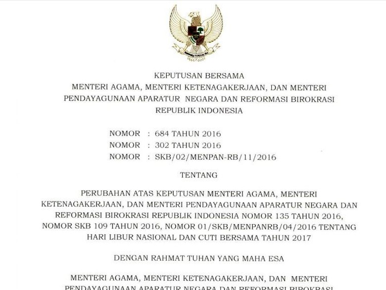 Libur Nasional Dan Cuti Bersama 2017 Tambah 3 Hari Ini