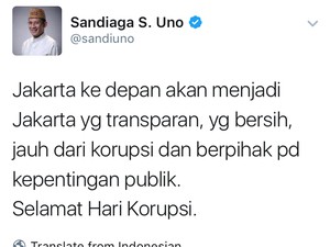 Sempat Salah Cuit, Sandiaga Tweet Ulang Ucapan Selamat Hari Antikorupsi