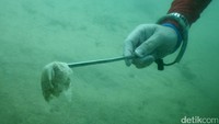 Seorang penyelam memungut sampah di dasar laut.