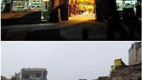 Sebuah gambar kombinasi memperlihatkan pintu masuk ke al-Zarab di Kota Tua Aleppo sebelum perang pada 24 November 2008 (atas) dan sesudah perang pada 13 Desember 2016 (bawah). REUTERS/Omar Sanadiki.