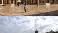 Masjid Umayyah sebelum perang pada 6 Oktober 2010 (atas) dan setelah perang pada 17 Desember 2016 (bawah). REUTERS/Omar Sanadiki.