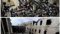 Salah satu sudut halaman sekolah al-Sheebani saat pertunjukan musik pada 6 Juni 2009 (atas) dan setelah perang pada Desember 2016 lalu (bawah). REUTERS/Omar Sanadiki.