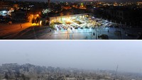Sebuah Kota Tua di Aleppo terlihat indah berhiaskan lampu-lampu sebelum konflik terjadi pada 24 November 2008 (atas). Namun, setelah konflik lokasi kota tua tersebut terlihat penuh dengan puing-puing pada 13 Desember 2016 (bawah). REUTERS/Omar Sanadiki.
