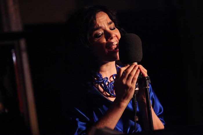 NEW YORK - MAY 08:  Singer Bjork and The Dirty Projectors perform onstage at  Housing Works Bookstore Cafes Live from Home benefit concert series at Housing Works Bookstore Cafe on May 8, 2009 in New York City.  (Photo by Roger Kisby/Getty Images)