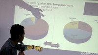 Peneliti Perludem Heroik Pratama menyampaikan hasil survei mengenai kepuasan publik terhadap kinerja KPU dan Bawaslu.